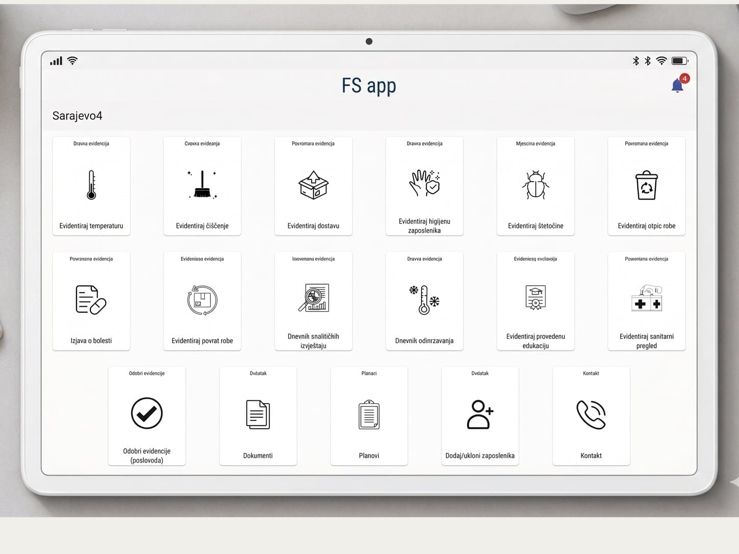Stvarni prikaz aplikacije FS App sa evidencijama i kontrolama